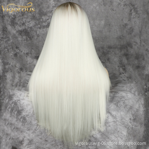 Hand Tied Free Part Full Synthetic Lace Front Wig Preplucked Hairline High Temperature Fiber Ombre Blonde Synthetic Wig